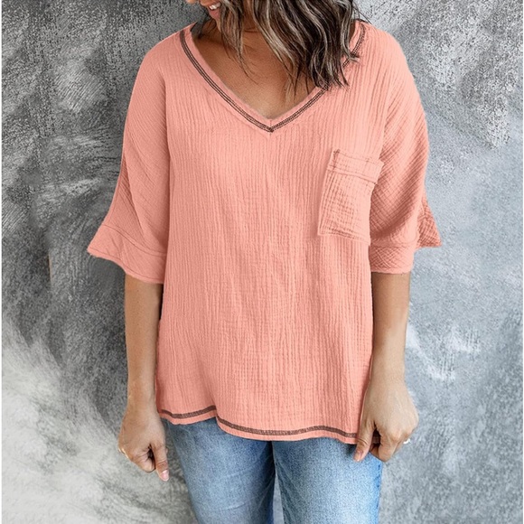 Jpgif Womens Cotton Linen 3/4 Sleeve V Neck Top New With Tags - Picture 1 of 3